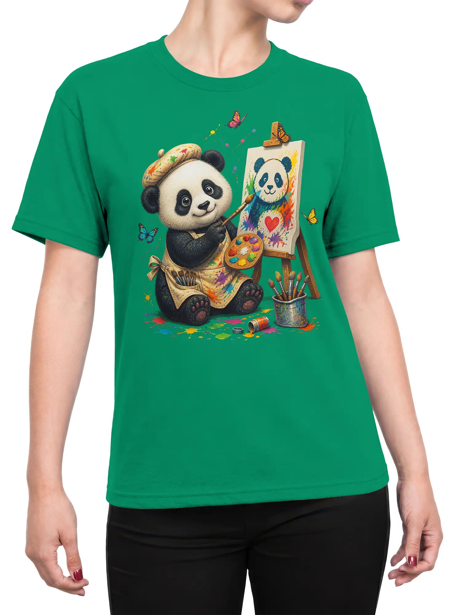 Female torso wearing a green T-shirt with a colorful panda artist painting design