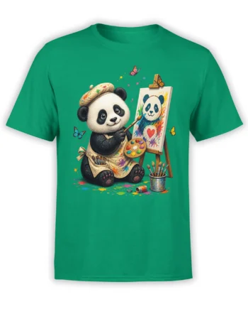 Colorful panda artist painting at an easel on a green graphic T-shirt