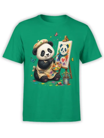 Colorful panda artist painting at an easel on a green graphic T-shirt