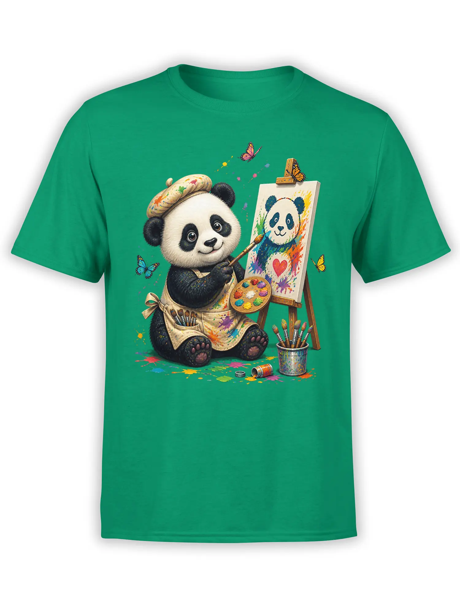 Colorful panda artist painting at an easel on a green graphic T-shirt