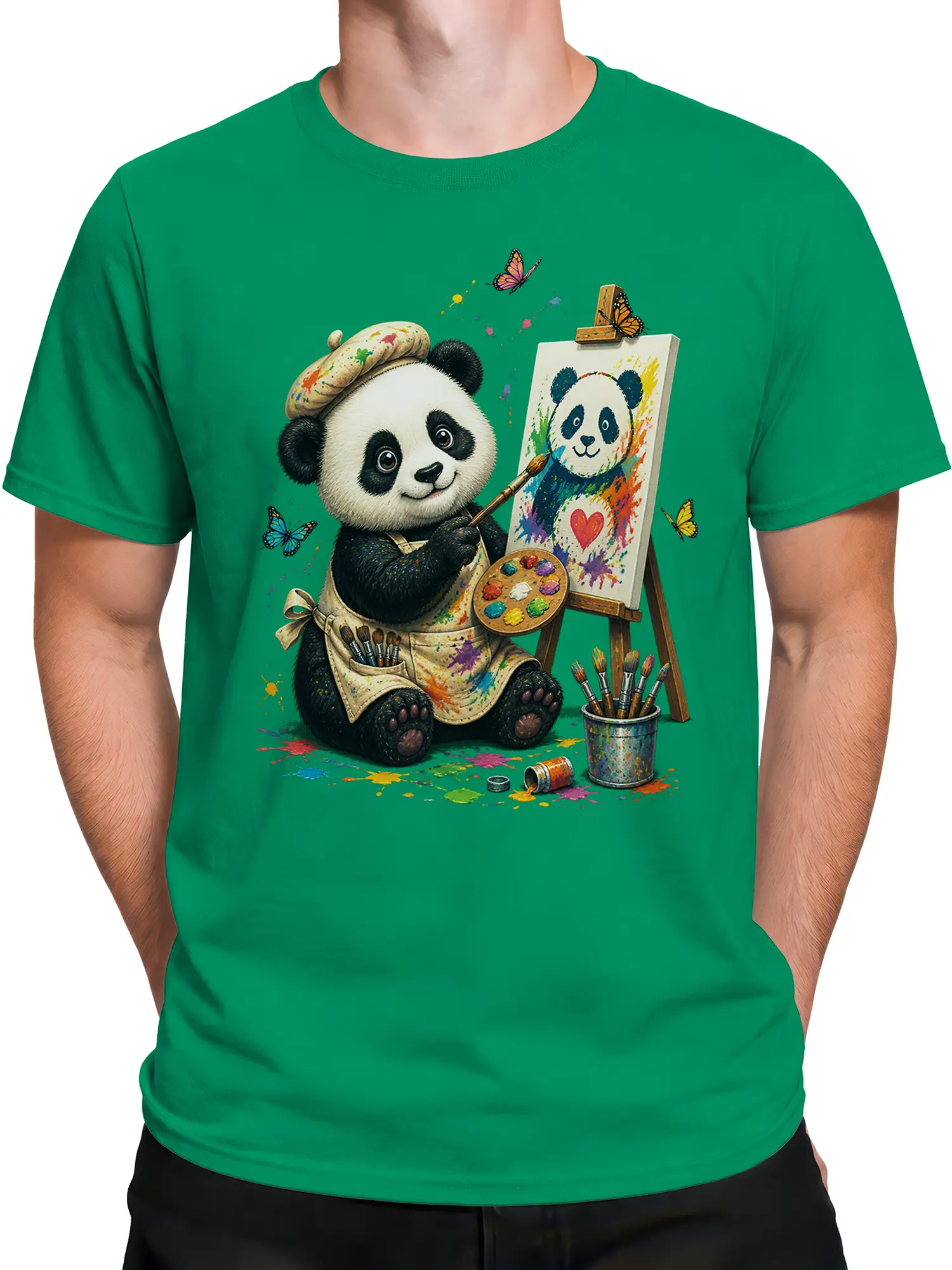 Male torso wearing a green T-shirt with a colorful panda artist painting design