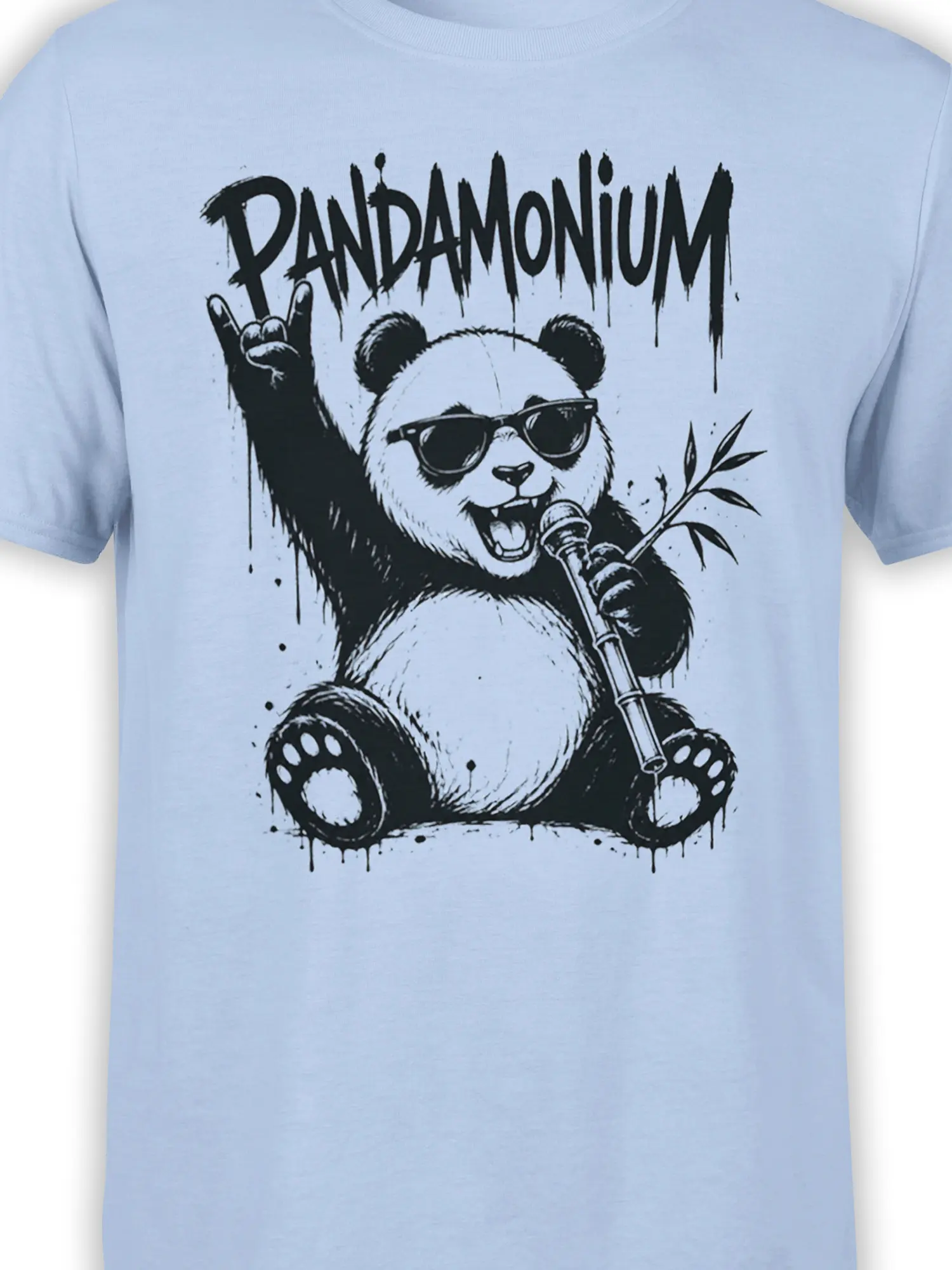 Close-up of rockstar panda artwork with sunglasses, microphone, bamboo, and dripping PANDAMONIUM text