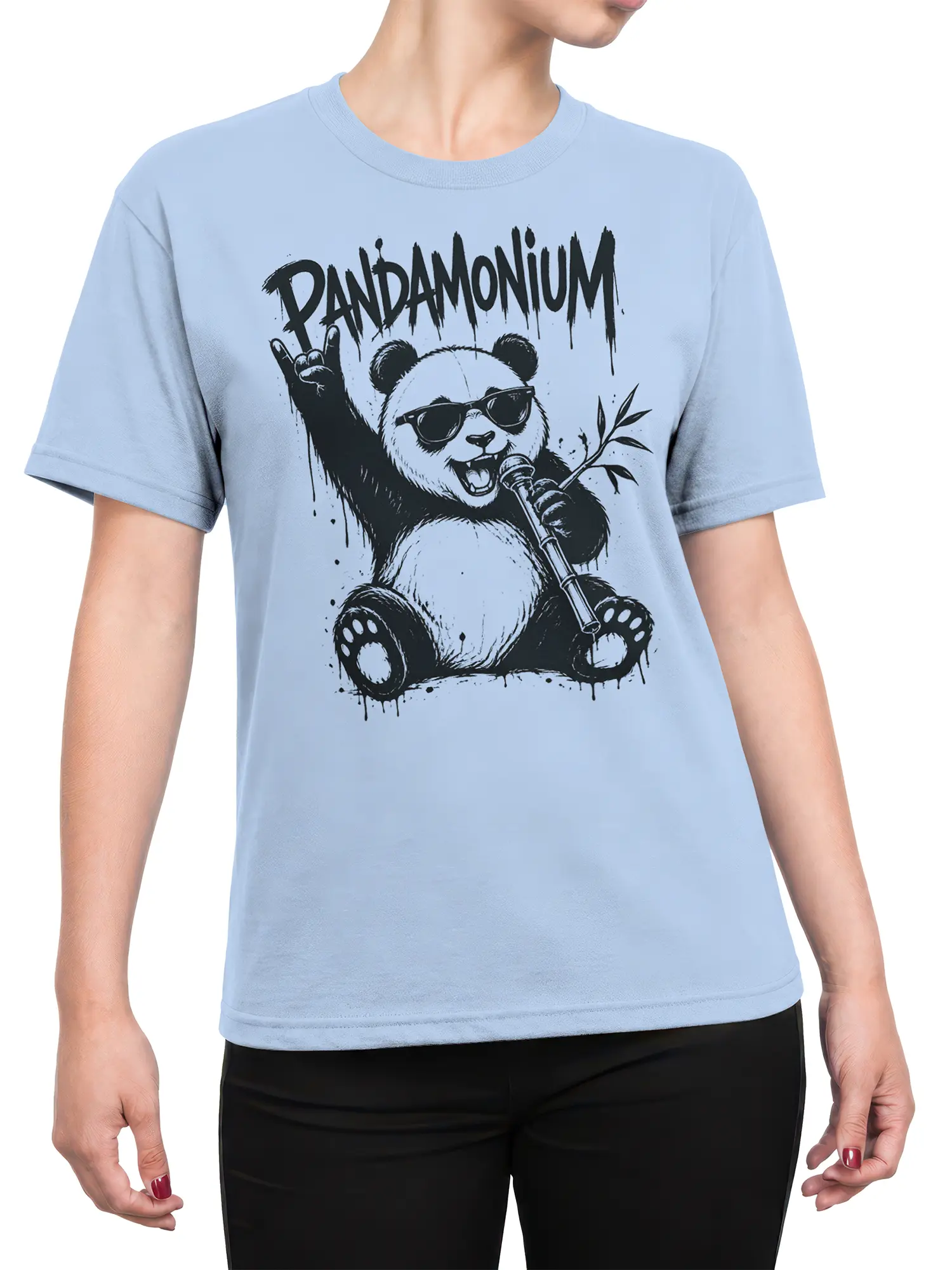 Female torso wearing a light blue panda T-shirt with bold music-themed PANDAMONIUM artwork