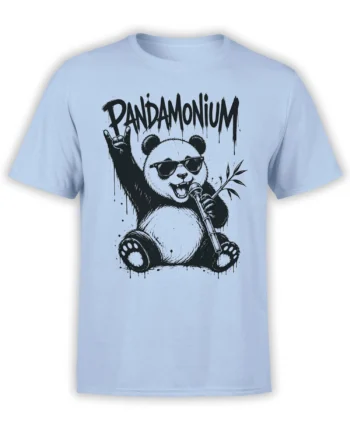 Light blue panda T-shirt with sunglasses, microphone, bamboo, and bold PANDAMONIUM lettering