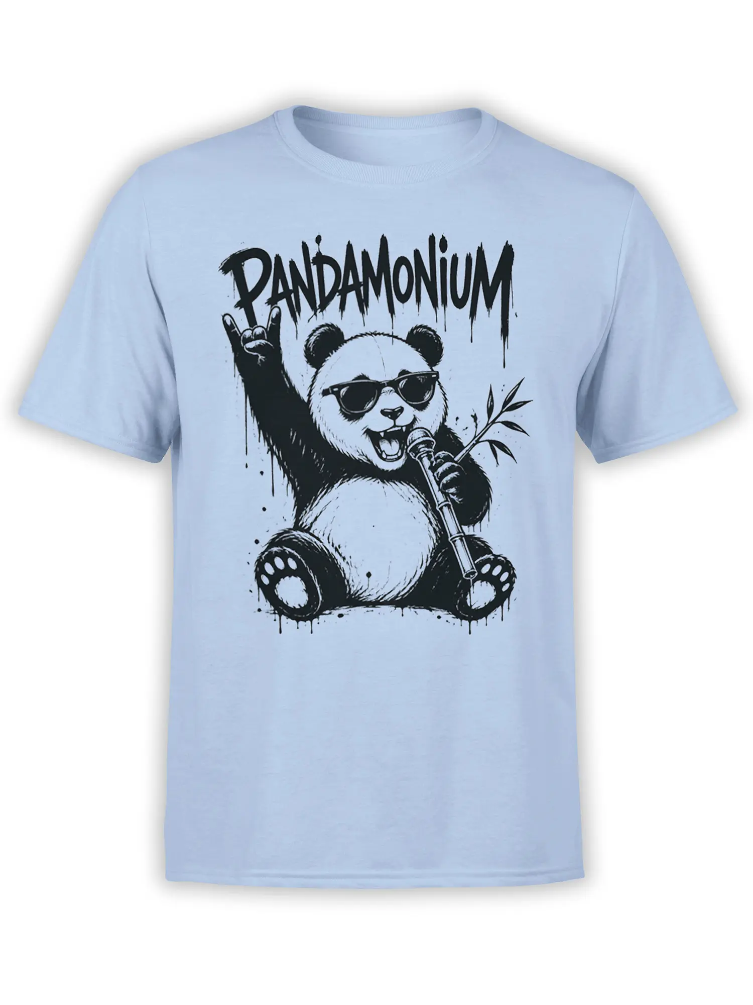 Light blue panda T-shirt with sunglasses, microphone, bamboo, and bold PANDAMONIUM lettering