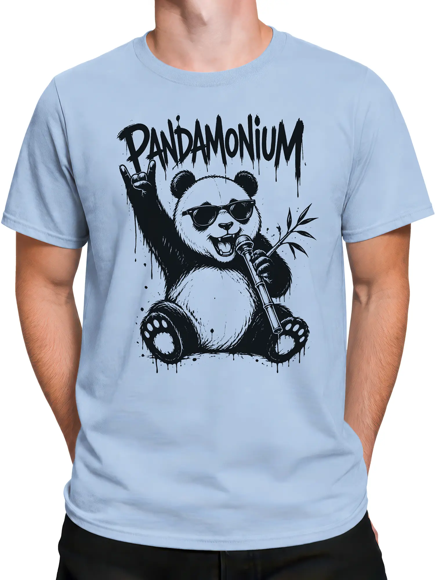 Male torso wearing a light blue panda T-shirt with sunglasses and microphone artwork