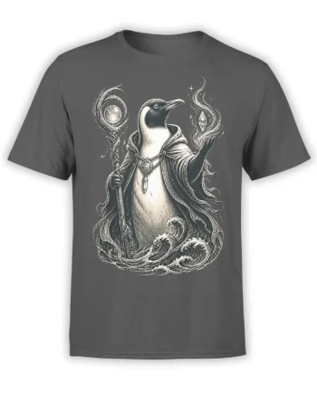 Gray T-shirt with a cloaked raven-like mystic holding a staff among moonlit ocean waves