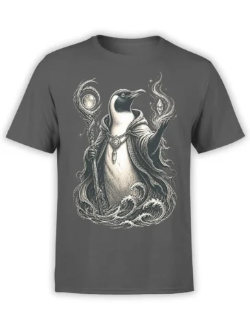 Gray T-shirt with a cloaked raven-like mystic holding a staff among moonlit ocean waves
