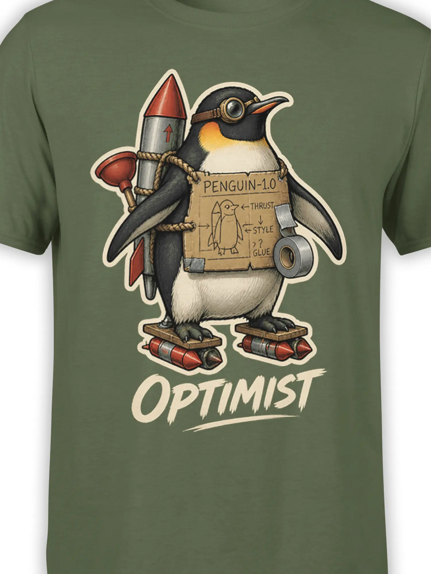 Close-up of the optimistic penguin rocket design with goggles, boosters, cardboard notes, and OPTIMIST text