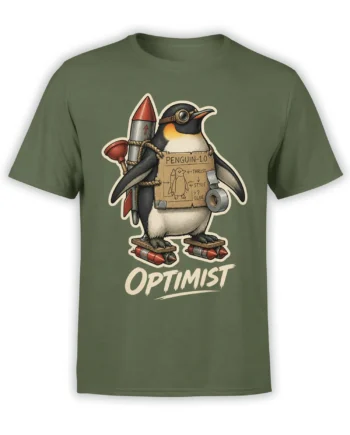 Green T-shirt with an optimistic penguin wearing goggles and rocket gear beneath bold OPTIMIST lettering