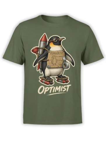 Green T-shirt with an optimistic penguin wearing goggles and rocket gear beneath bold OPTIMIST lettering