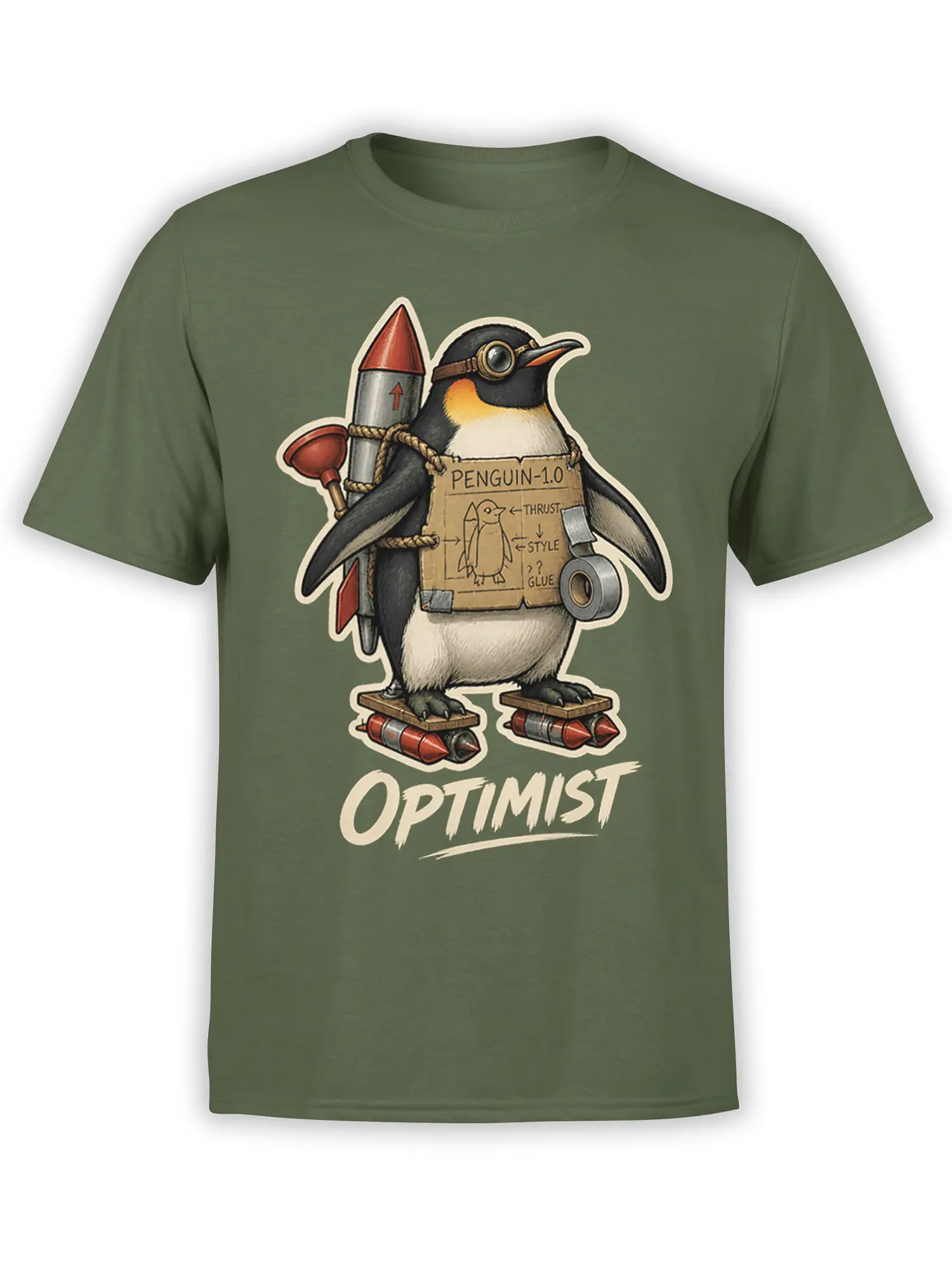 Green T-shirt with an optimistic penguin wearing goggles and rocket gear beneath bold OPTIMIST lettering
