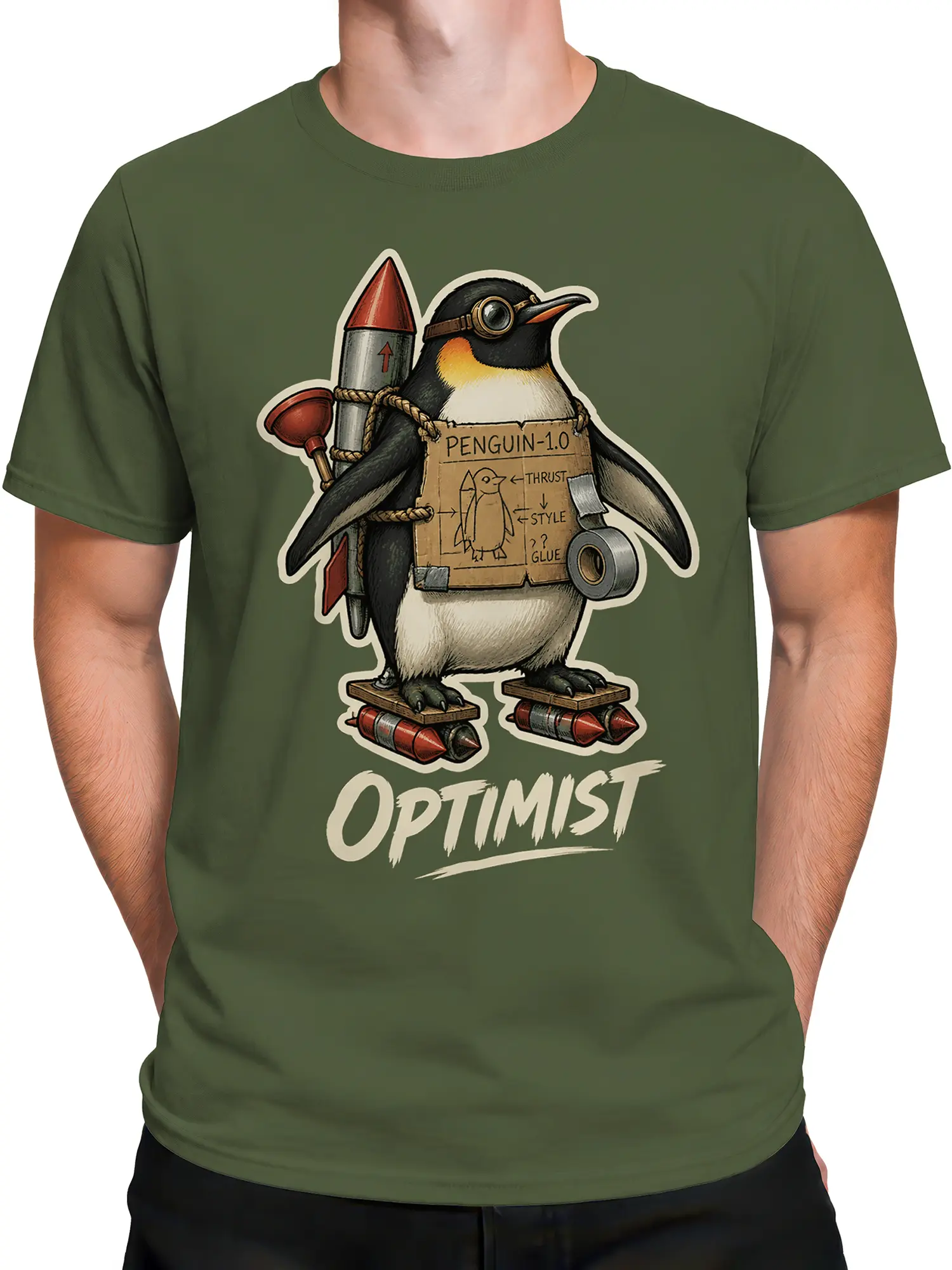 Male torso wearing a green T-shirt with a goggle-wearing penguin and homemade rocket design