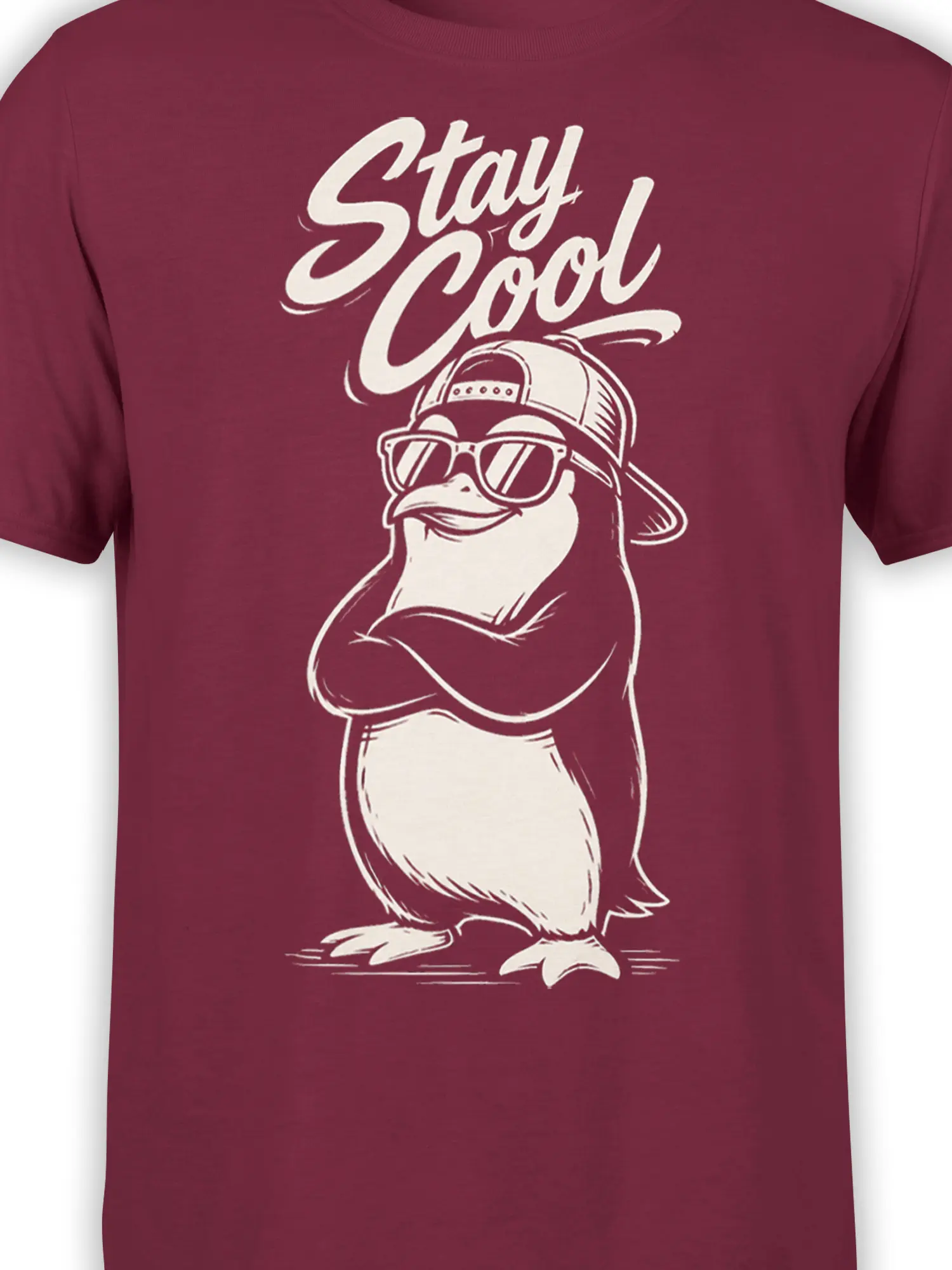 Close-up of duck sunglasses, backward cap, folded arms, and Stay Cool print on burgundy fabric