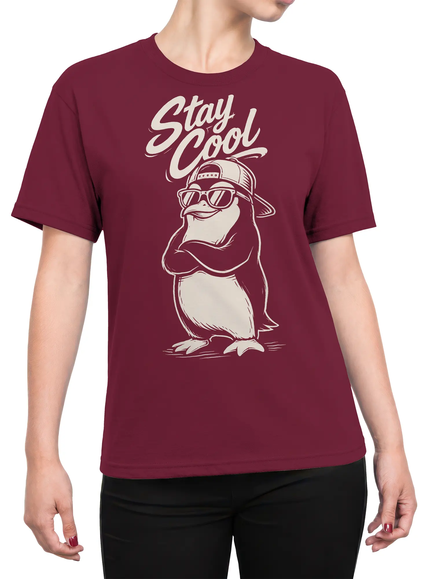 Female torso wearing a burgundy Stay Cool duck T-shirt with sunglasses and vintage lettering