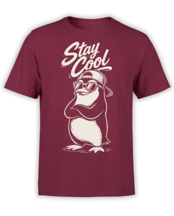 Stay Cool duck T-shirt in burgundy with sunglasses, backward cap, and folded arms