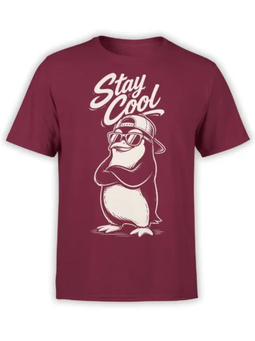 Stay Cool duck T-shirt in burgundy with sunglasses, backward cap, and folded arms