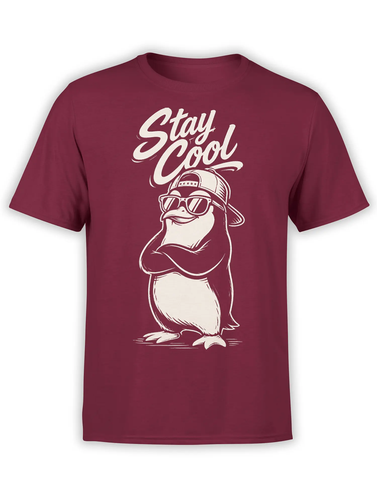 Stay Cool duck T-shirt in burgundy with sunglasses, backward cap, and folded arms