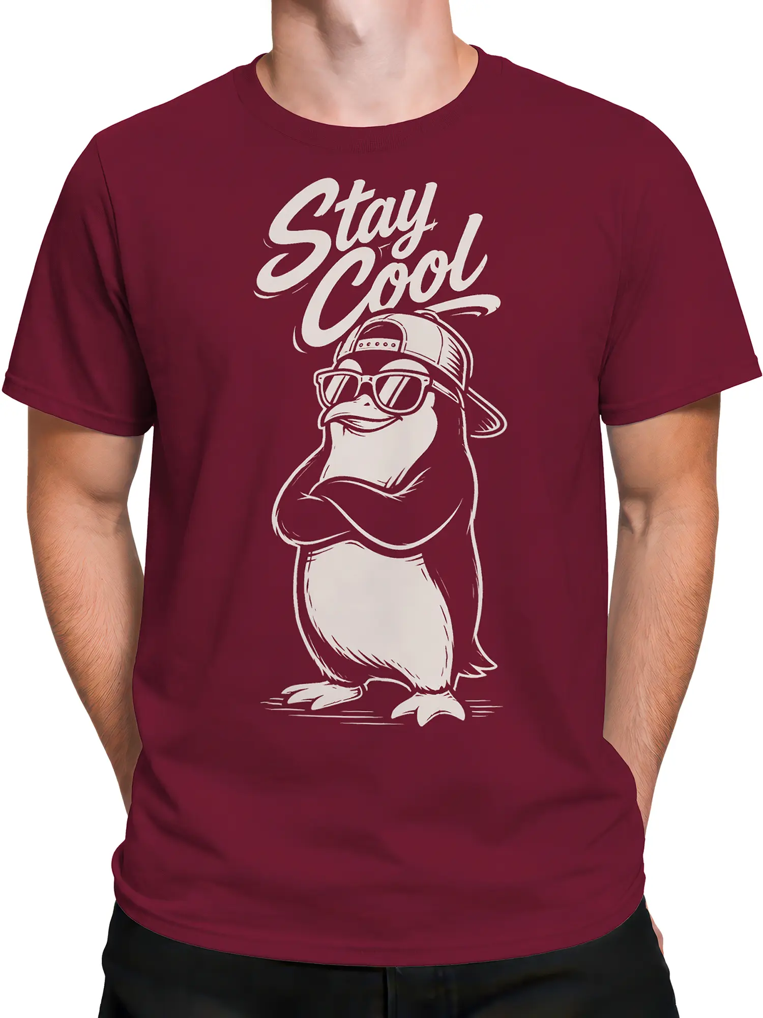 Male torso wearing a burgundy duck graphic T-shirt with sunglasses and Stay Cool lettering