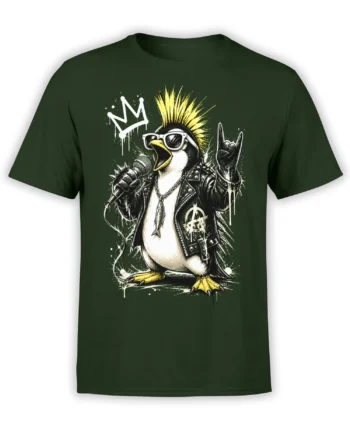 Punk penguin musician with yellow mohawk and microphone printed on a green graphic T-shirt