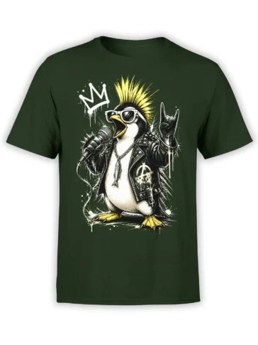 Punk penguin musician with yellow mohawk and microphone printed on a green graphic T-shirt