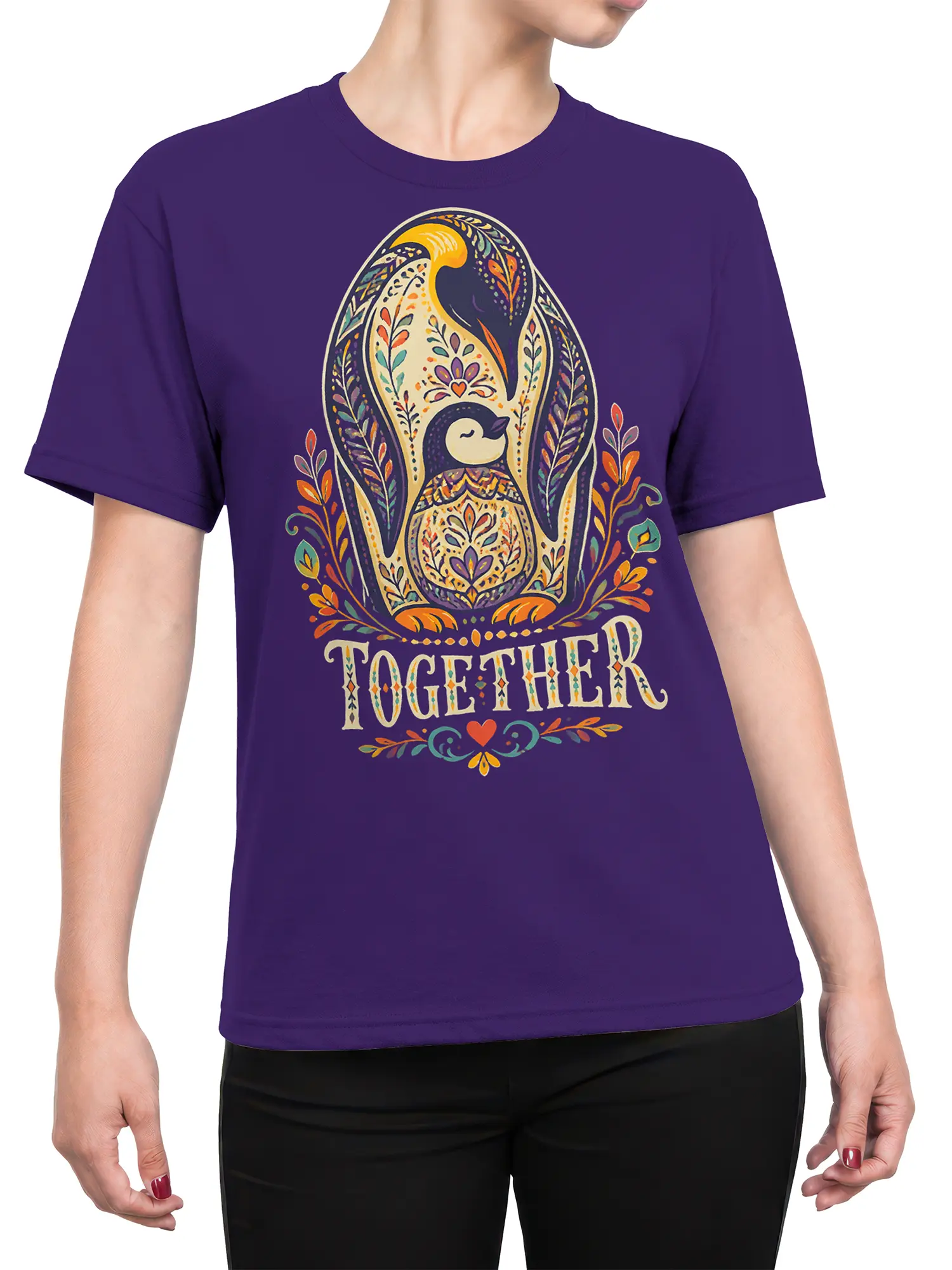Female torso wearing a purple penguin T-shirt with colorful floral artwork and TOGETHER lettering