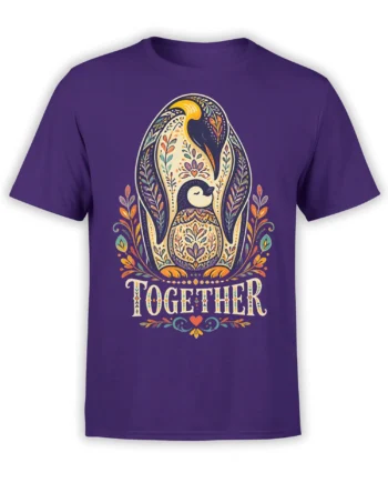 Purple T-shirt with a colorful folk-art penguin, floral frame, heart, and TOGETHER lettering