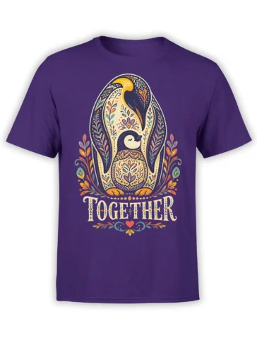 Purple T-shirt with a colorful folk-art penguin, floral frame, heart, and TOGETHER lettering