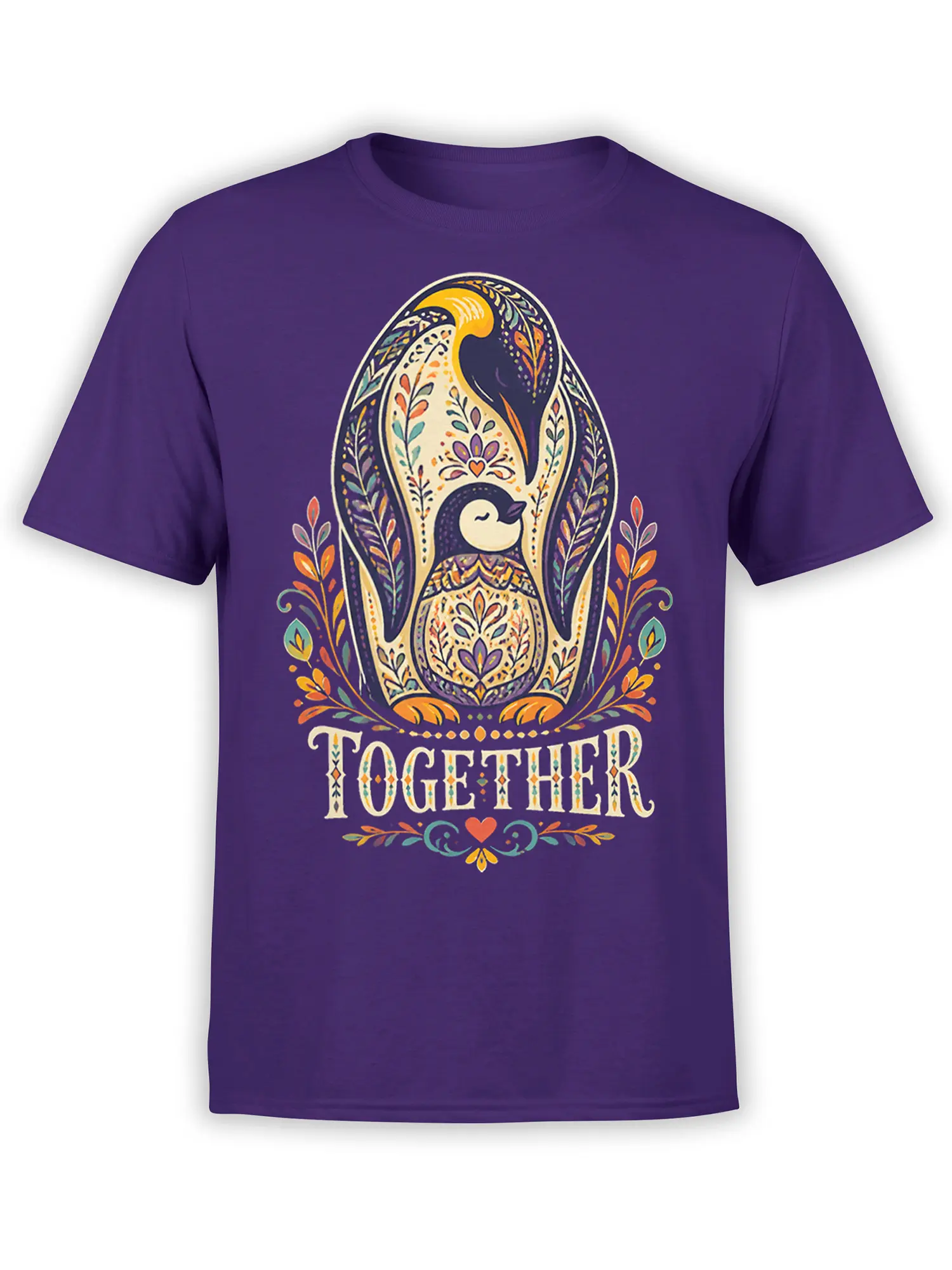Purple T-shirt with a colorful folk-art penguin, floral frame, heart, and TOGETHER lettering