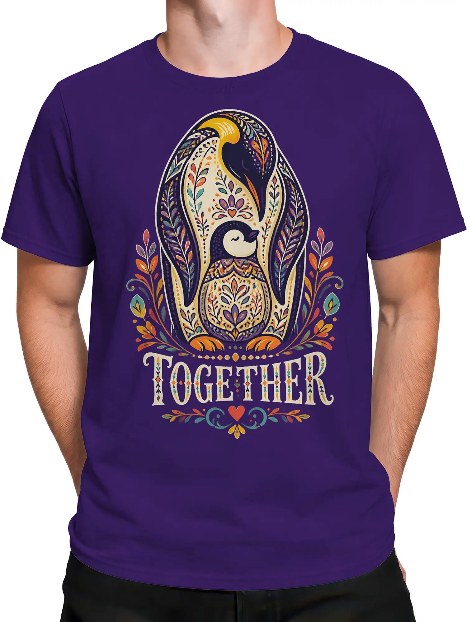 Male torso wearing a purple T-shirt with a patterned penguin and colorful TOGETHER design