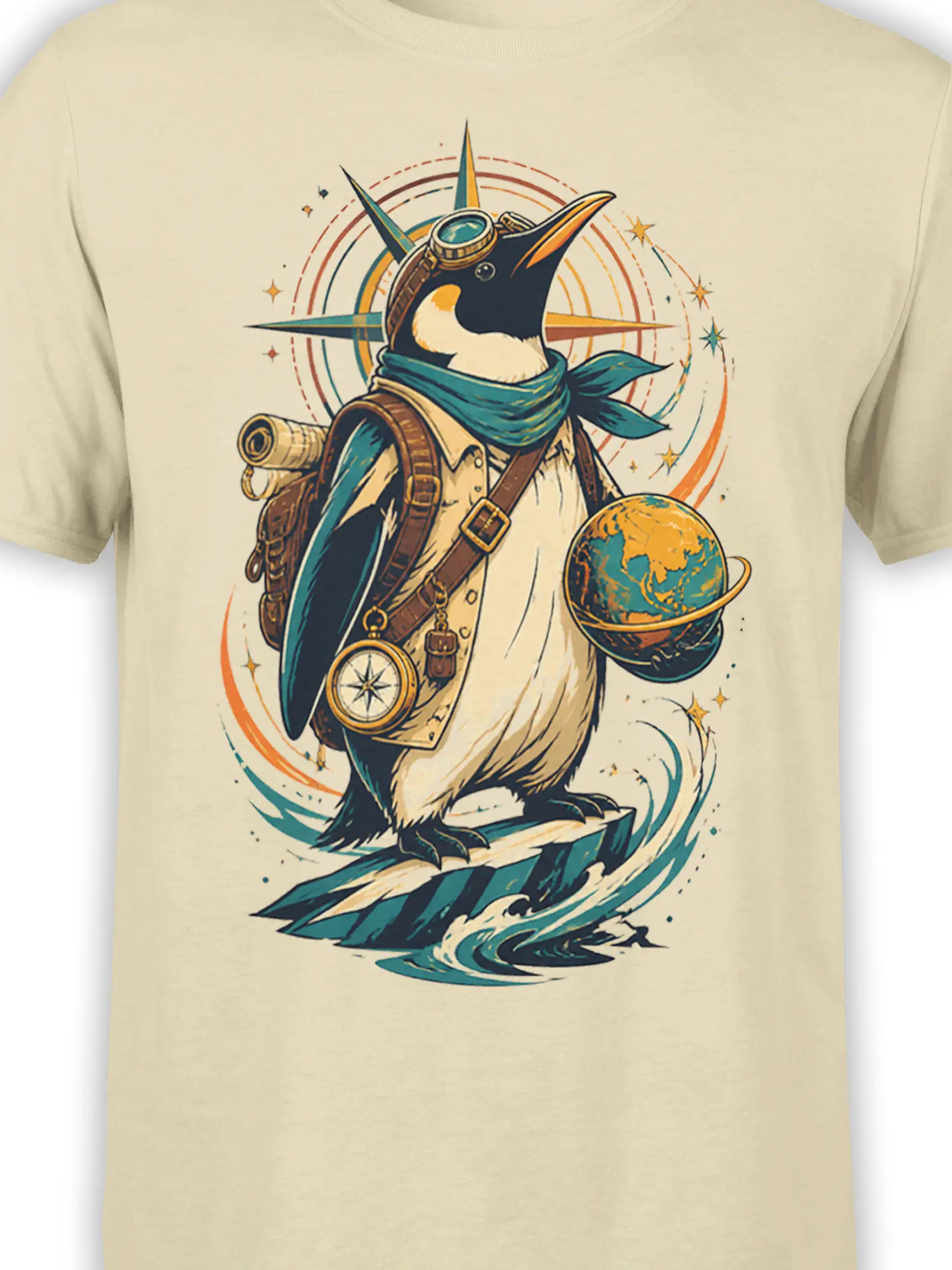 Close-up of penguin explorer artwork with globe, compass, scarf, and stars on beige fabric