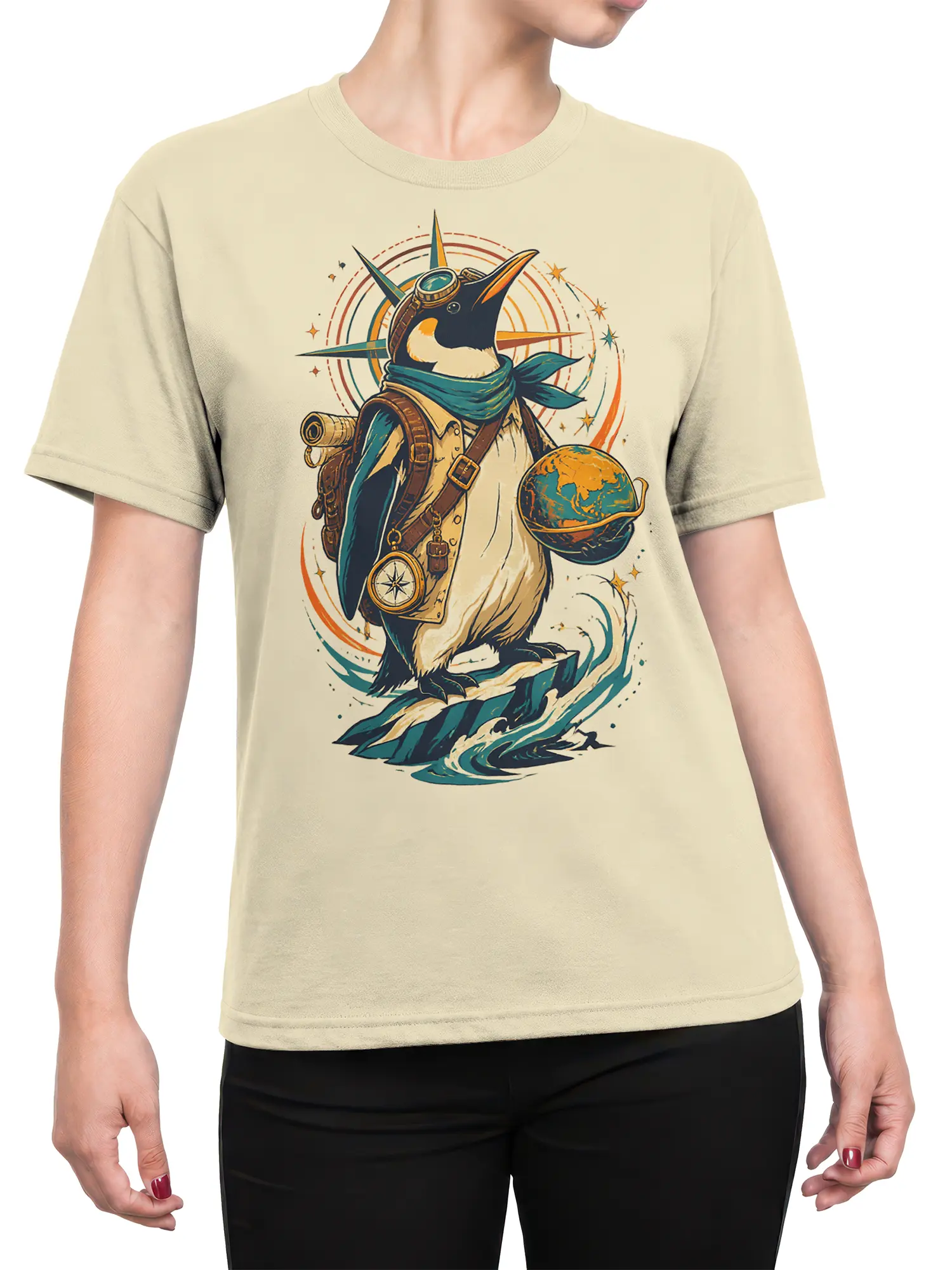 Female torso wearing a beige penguin explorer T-shirt with globe, compass, and ocean wave artwork