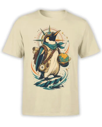 Vintage penguin explorer with a globe and compass on a beige T-shirt