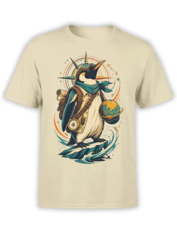 Vintage penguin explorer with a globe and compass on a beige T-shirt