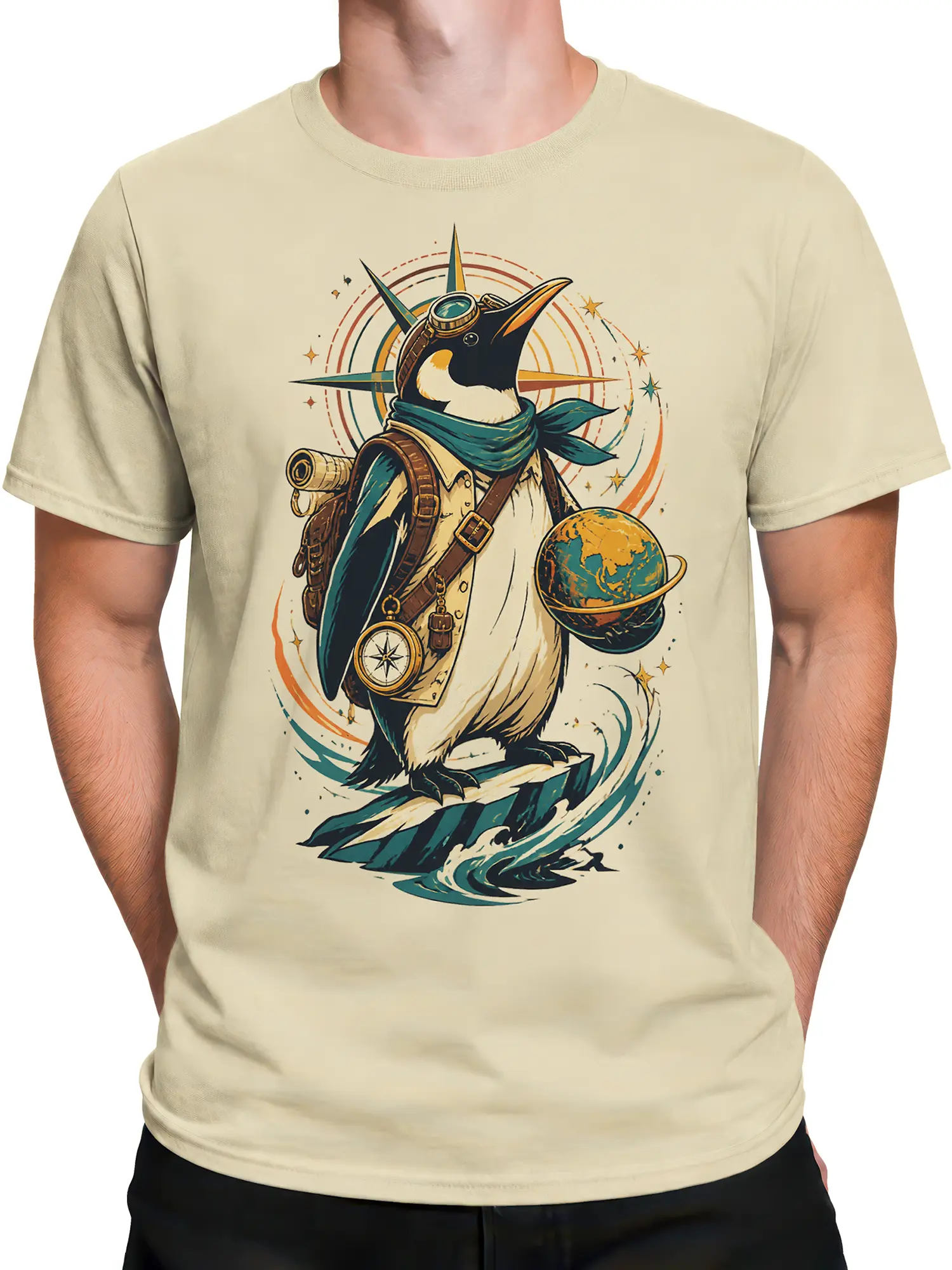 Male torso wearing a beige penguin explorer T-shirt with vintage travel artwork