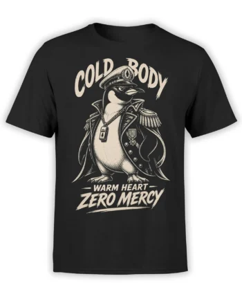 Black T-shirt featuring a stern crow in a military-style uniform with Warm Heart - Zero Mercy text