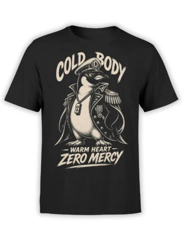 Black T-shirt featuring a stern crow in a military-style uniform with Warm Heart - Zero Mercy text