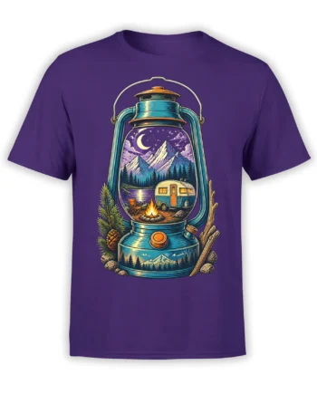 Purple camping T-shirt with a vintage lantern showing a moonlit lake campsite, camper trailer, campfire, pines, and peaks