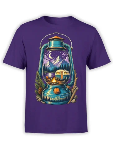 Purple camping T-shirt with a vintage lantern showing a moonlit lake campsite, camper trailer, campfire, pines, and peaks