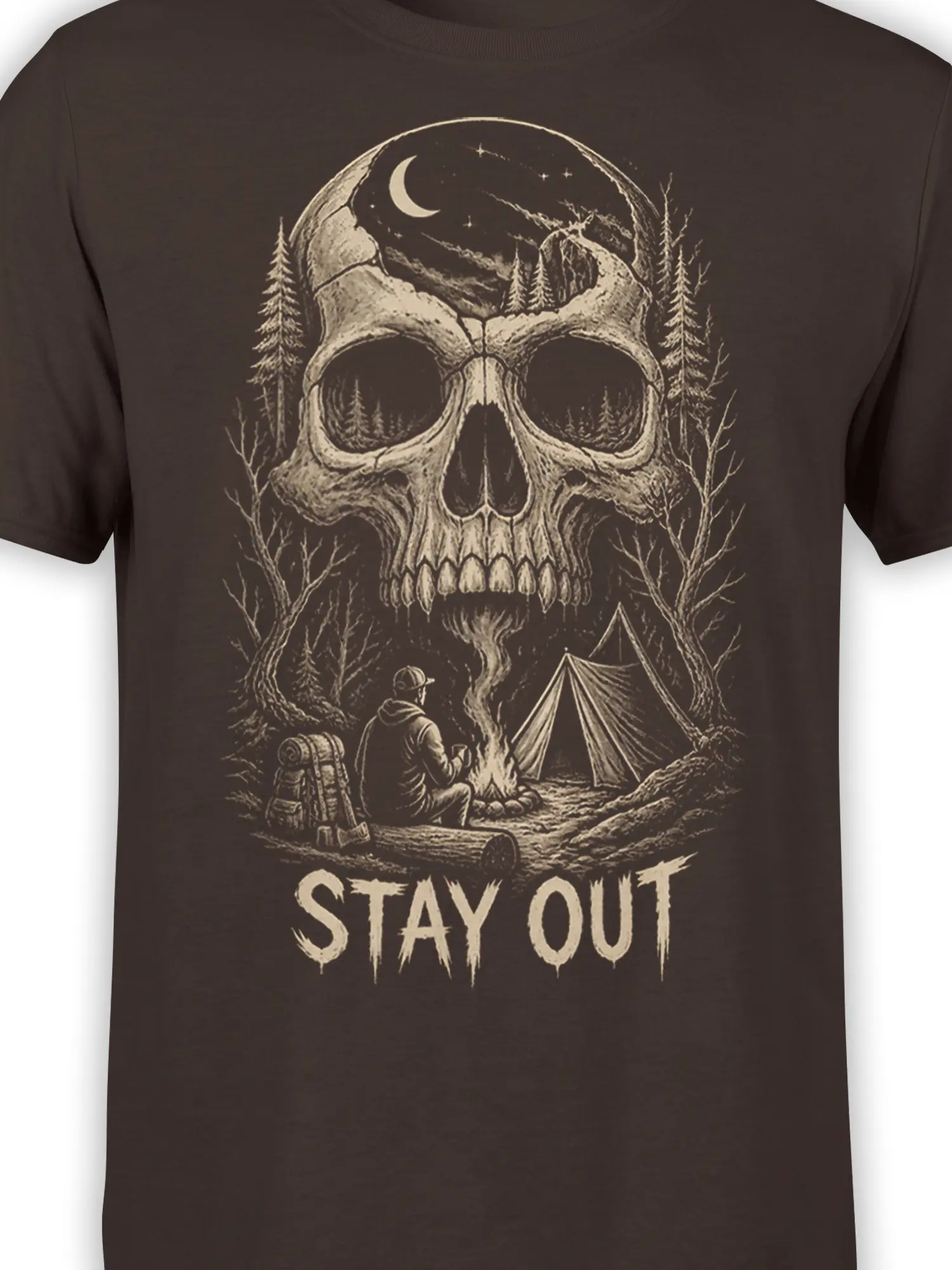 Close-up of moonlit skull and forest campsite artwork with a campfire and STAY OUT text on brown fabric