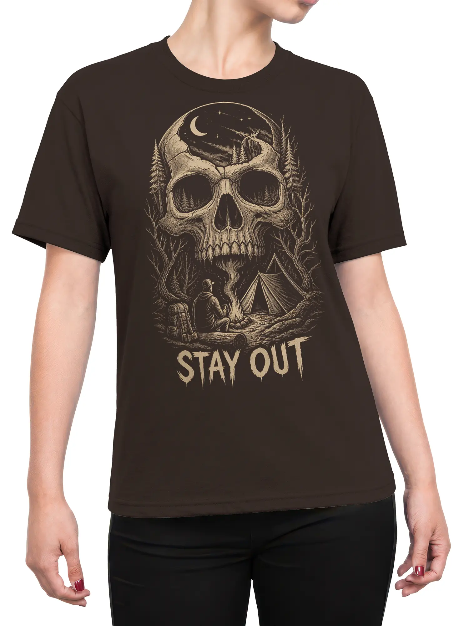 Female torso wearing a brown moonlit skull camping T-shirt with a forest scene and STAY OUT message