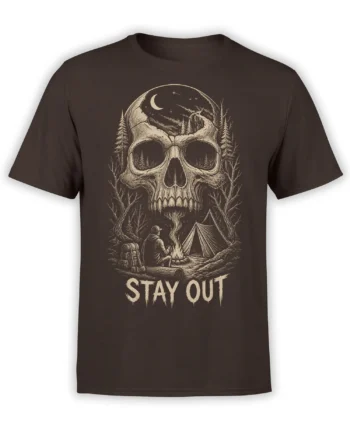 Brown T-shirt with a moonlit skull, forest campsite, campfire, tent, and STAY OUT text