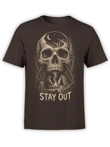 Brown T-shirt with a moonlit skull, forest campsite, campfire, tent, and STAY OUT text
