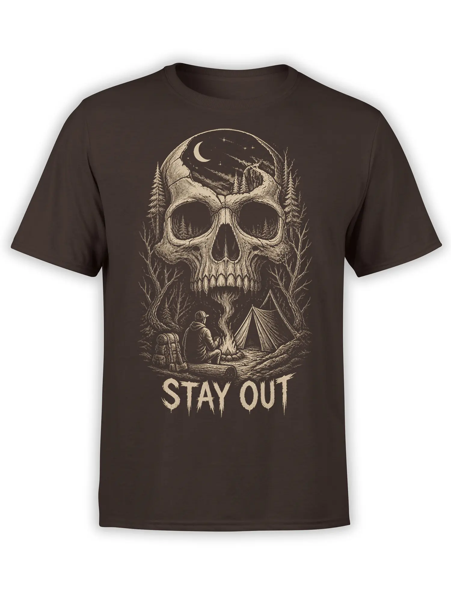 Brown T-shirt with a moonlit skull, forest campsite, campfire, tent, and STAY OUT text