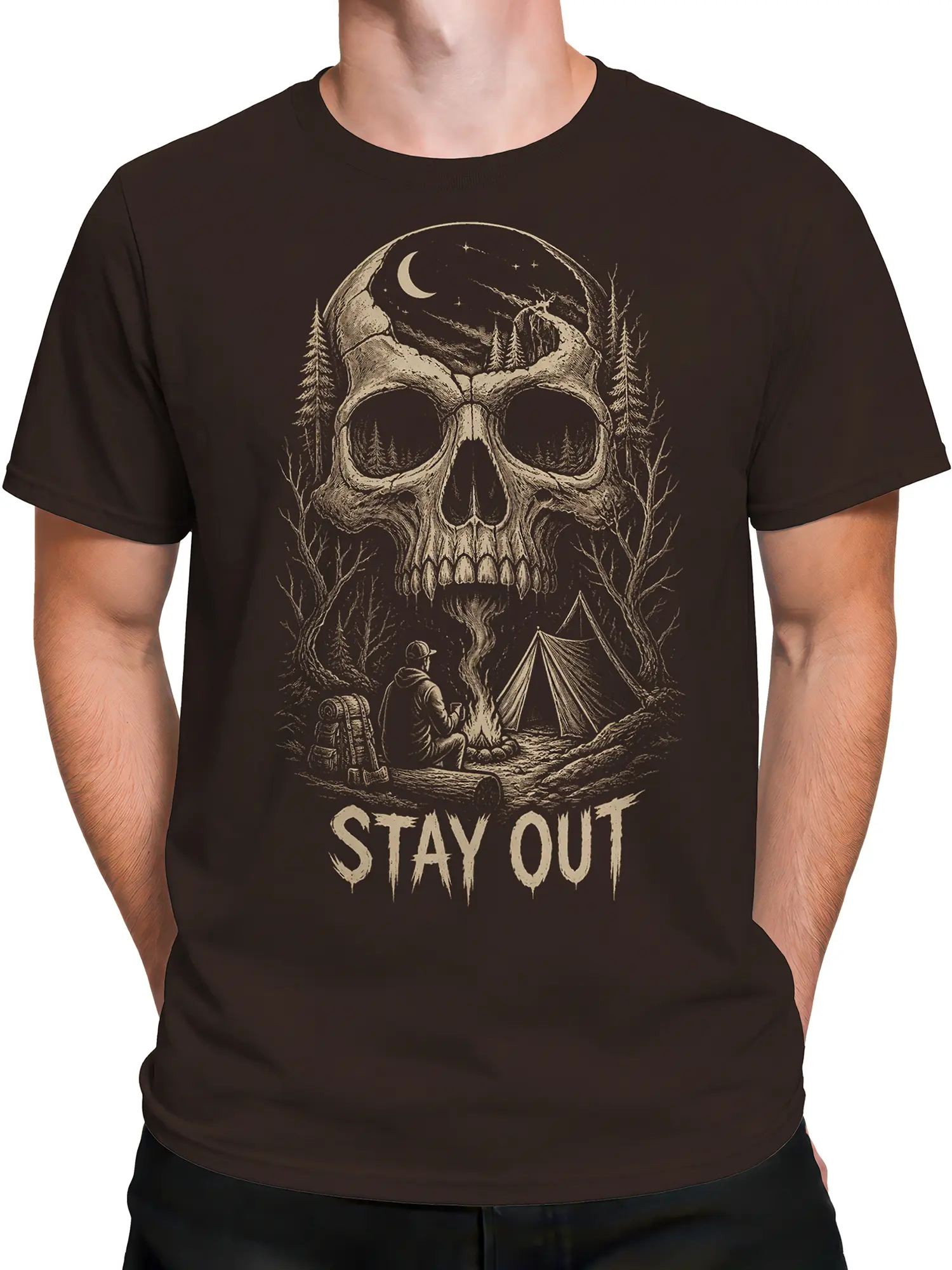 Male torso wearing a brown skull camping T-shirt with a moonlit forest scene and STAY OUT text