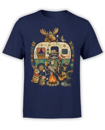 Vintage woodland camping animal design with raccoon, bear, camper, and campfire on a navy T-shirt