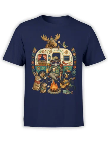 Vintage woodland camping animal design with raccoon, bear, camper, and campfire on a navy T-shirt