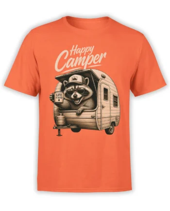 Orange Happy Camper T-shirt with a raccoon in sunglasses beside a vintage travel trailer