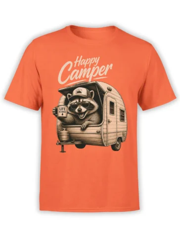 Orange Happy Camper T-shirt with a raccoon in sunglasses beside a vintage travel trailer