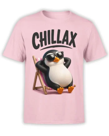 Pink T-shirt with a sunglasses-wearing penguin relaxing in a deck chair beneath “CHILLAX”